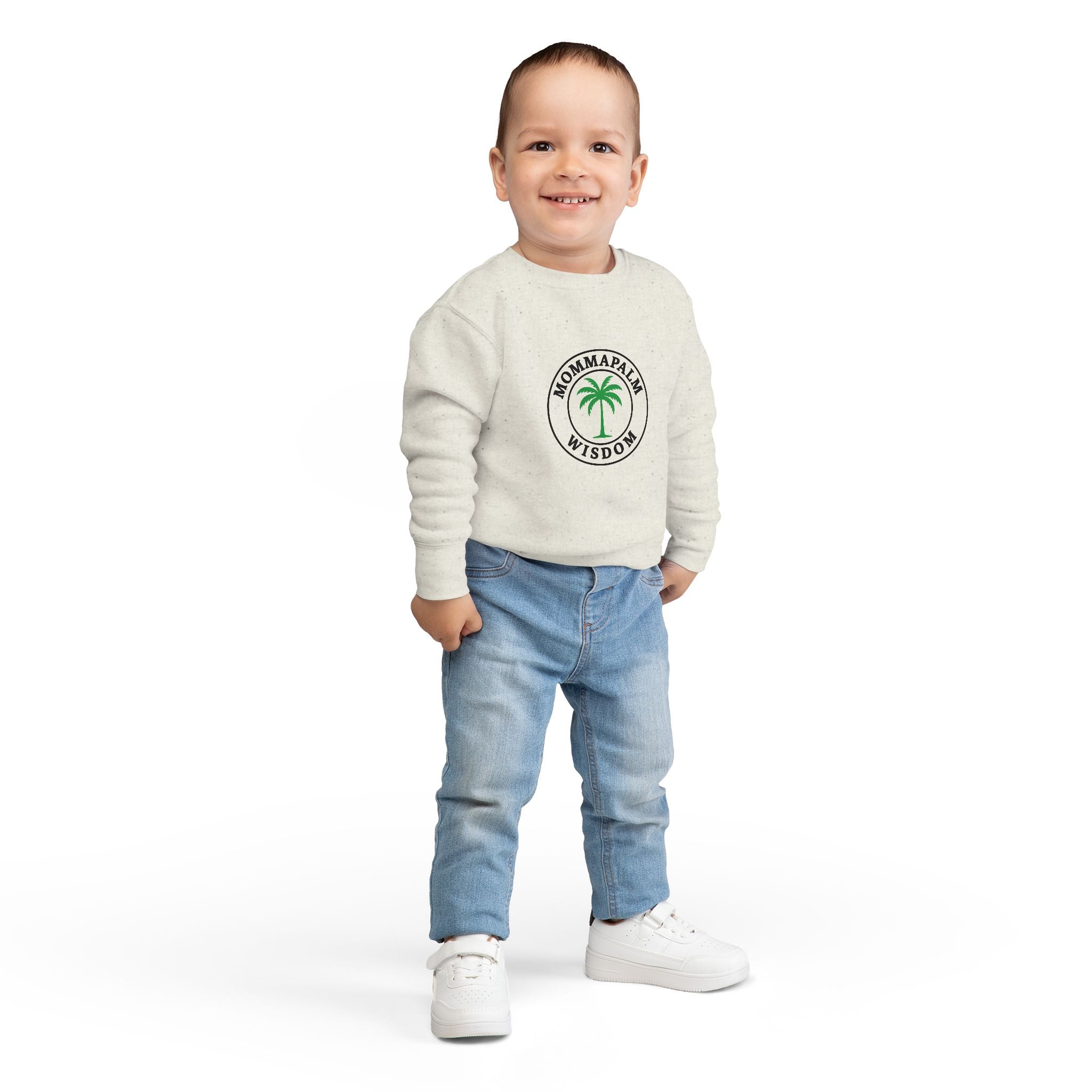 Toddler Sweatshirt — "Momma Palm Wisdom" Palm Tree Graphic Cozy Crewneck