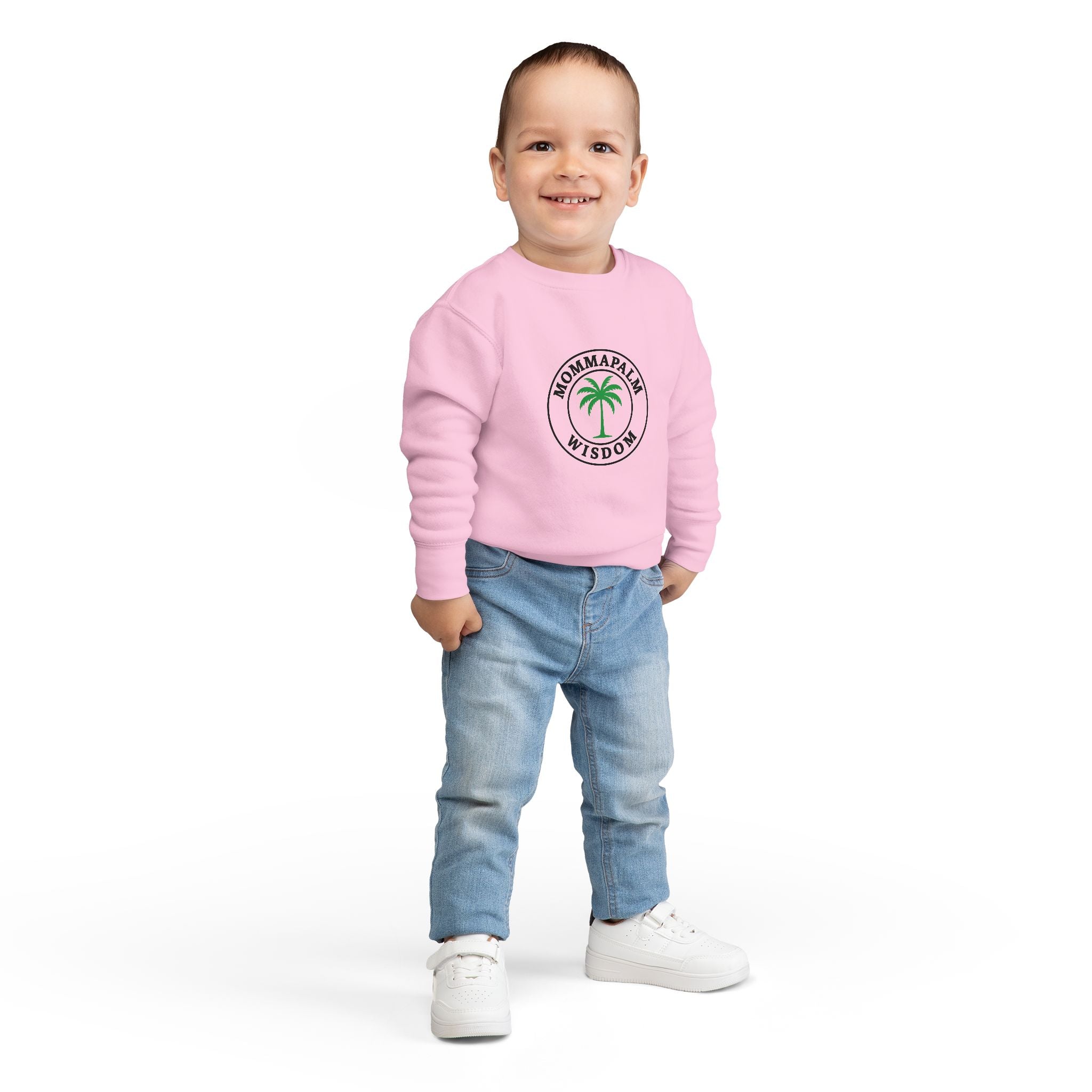 Toddler Sweatshirt — "Momma Palm Wisdom" Palm Tree Graphic Cozy Crewneck