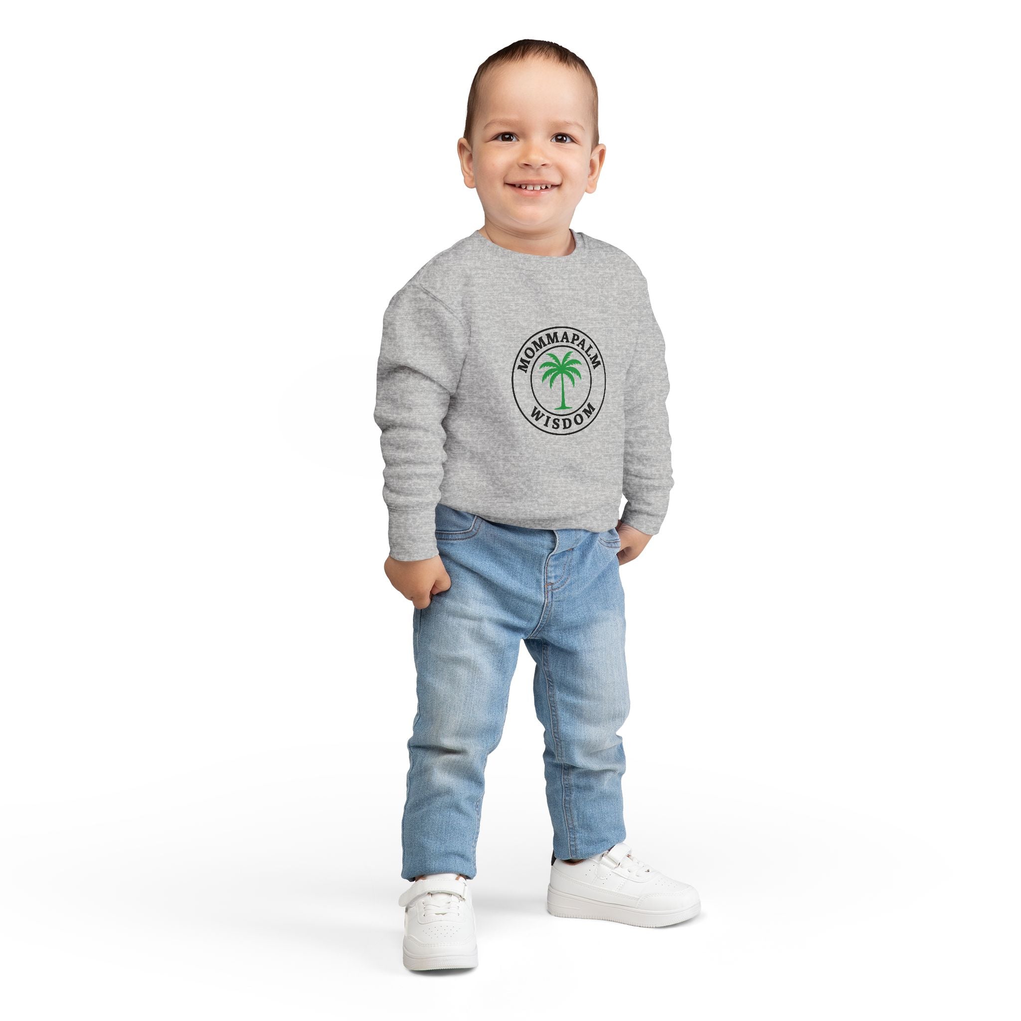 Toddler Sweatshirt — "Momma Palm Wisdom" Palm Tree Graphic Cozy Crewneck