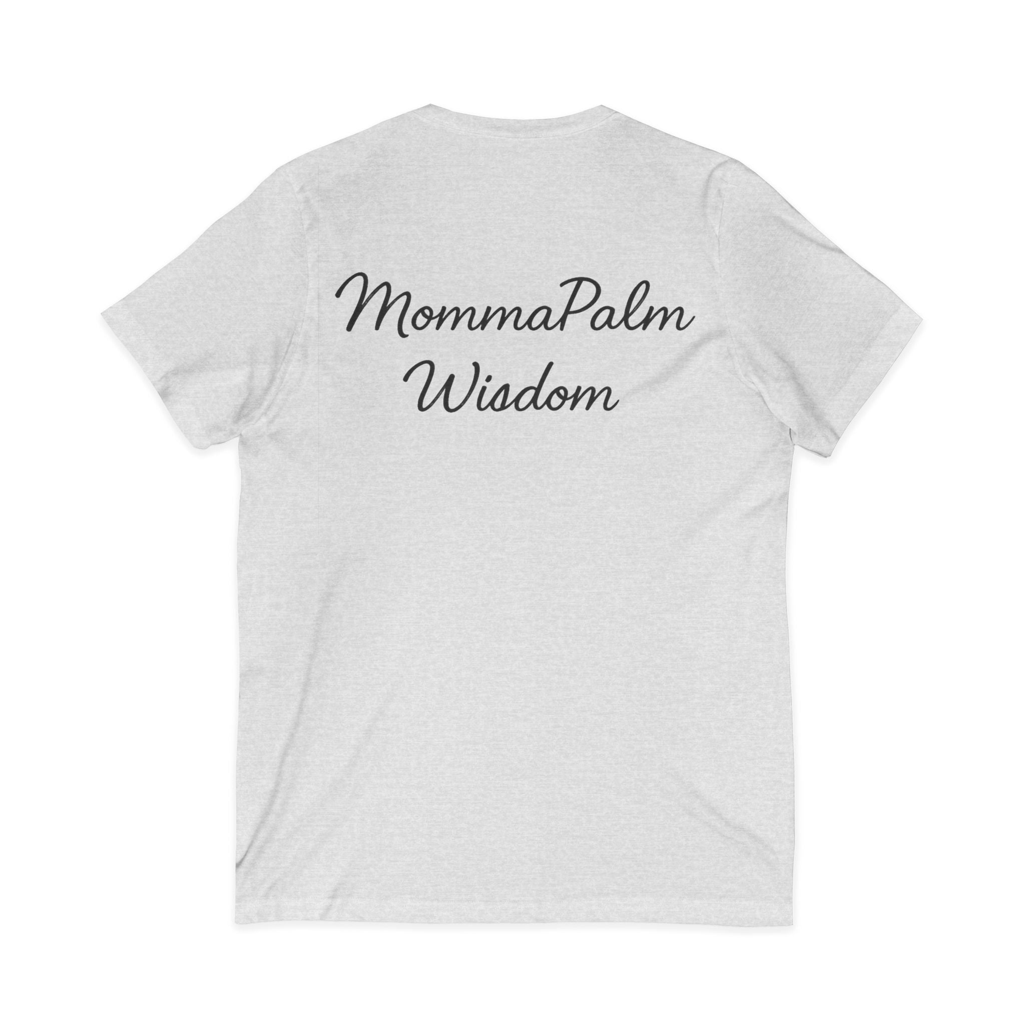 MommaPalm Wisdom V‑Neck Tee — Palm Logo Casual Women's Mom Shirt