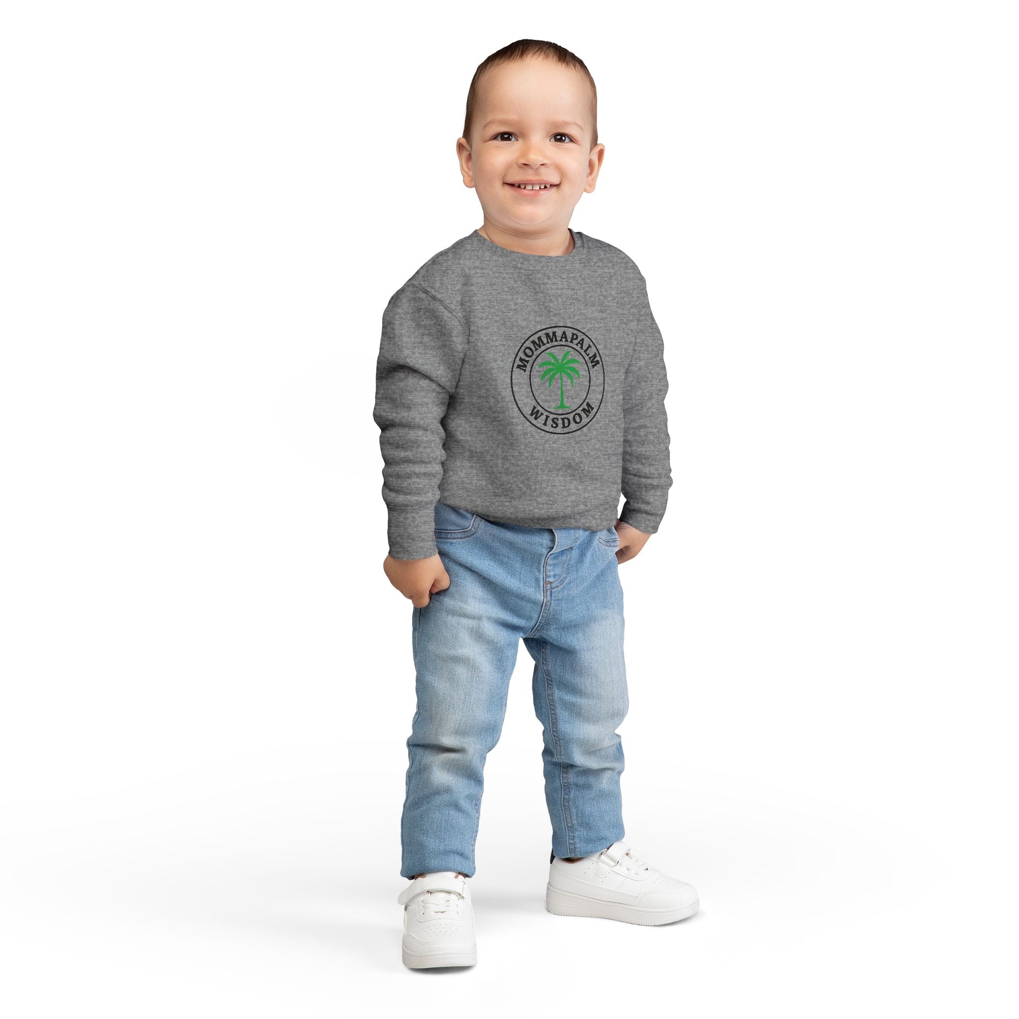Toddler Sweatshirt — "Momma Palm Wisdom" Palm Tree Graphic Cozy Crewneck