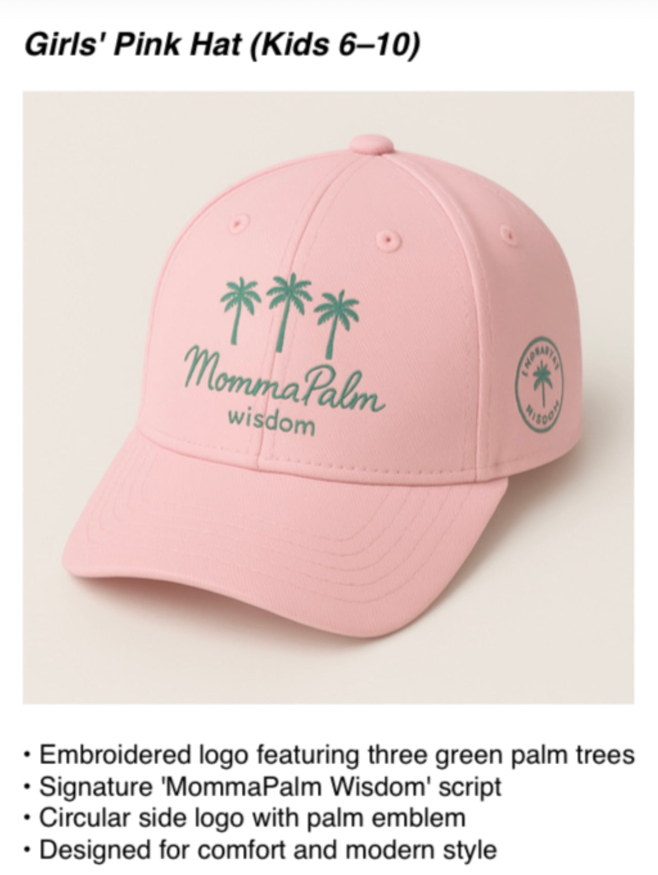MommaPalm Kids’ Palm Logo Hat (Ages 6–10) – Embroidered Classic Cap