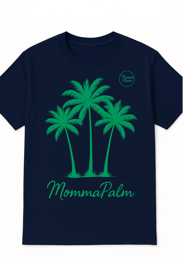 MommaPalm Tropical Palm Tree Front Graphic Tee – Navy & Green