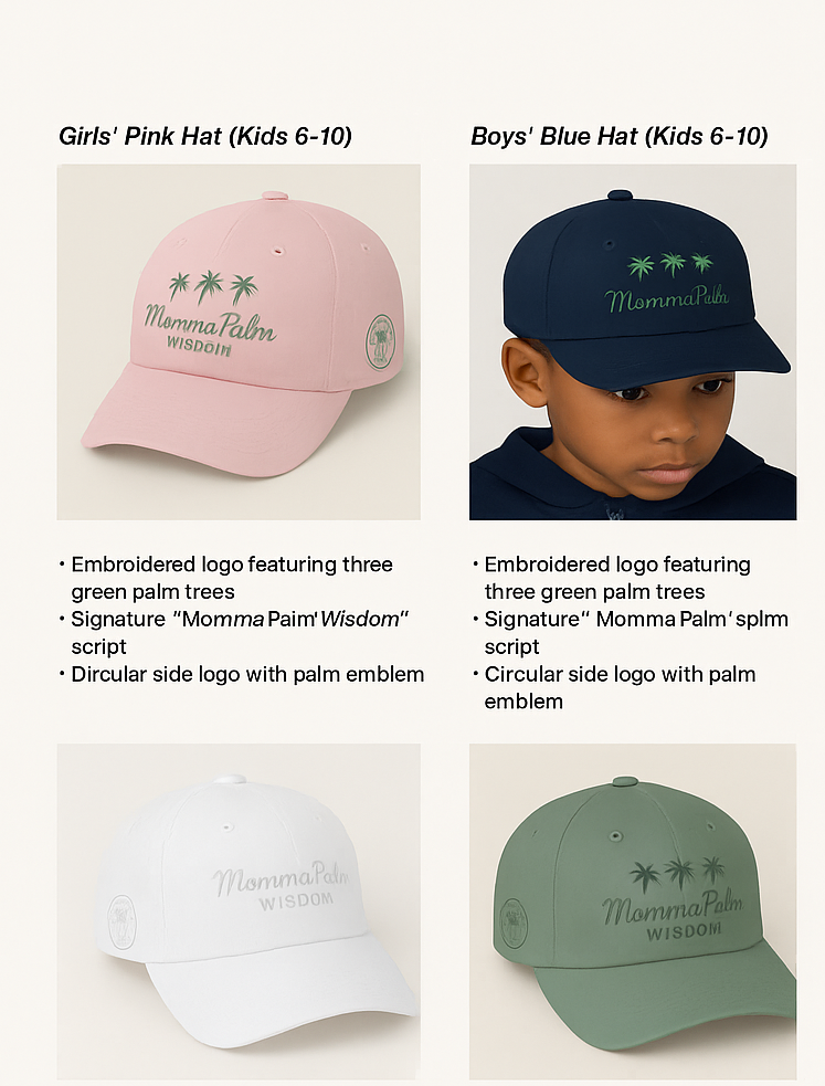 MommaPalm Kids’ Palm Logo Hat (Ages 6–10) – Embroidered Classic Cap
